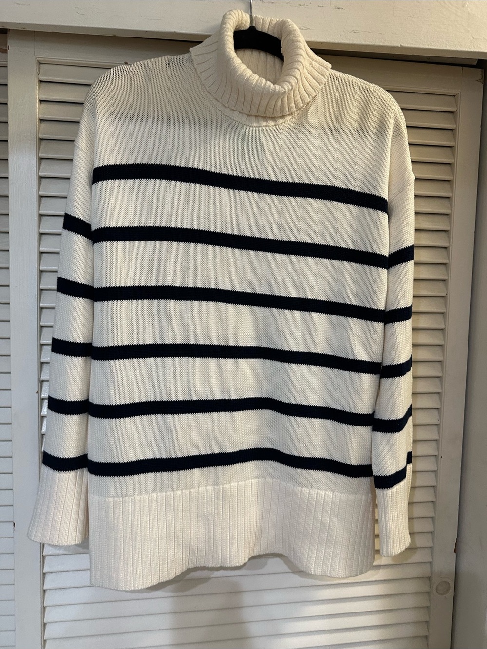 Old Navy Women’s Cream Turtleneck Sweater with Navy Stripes